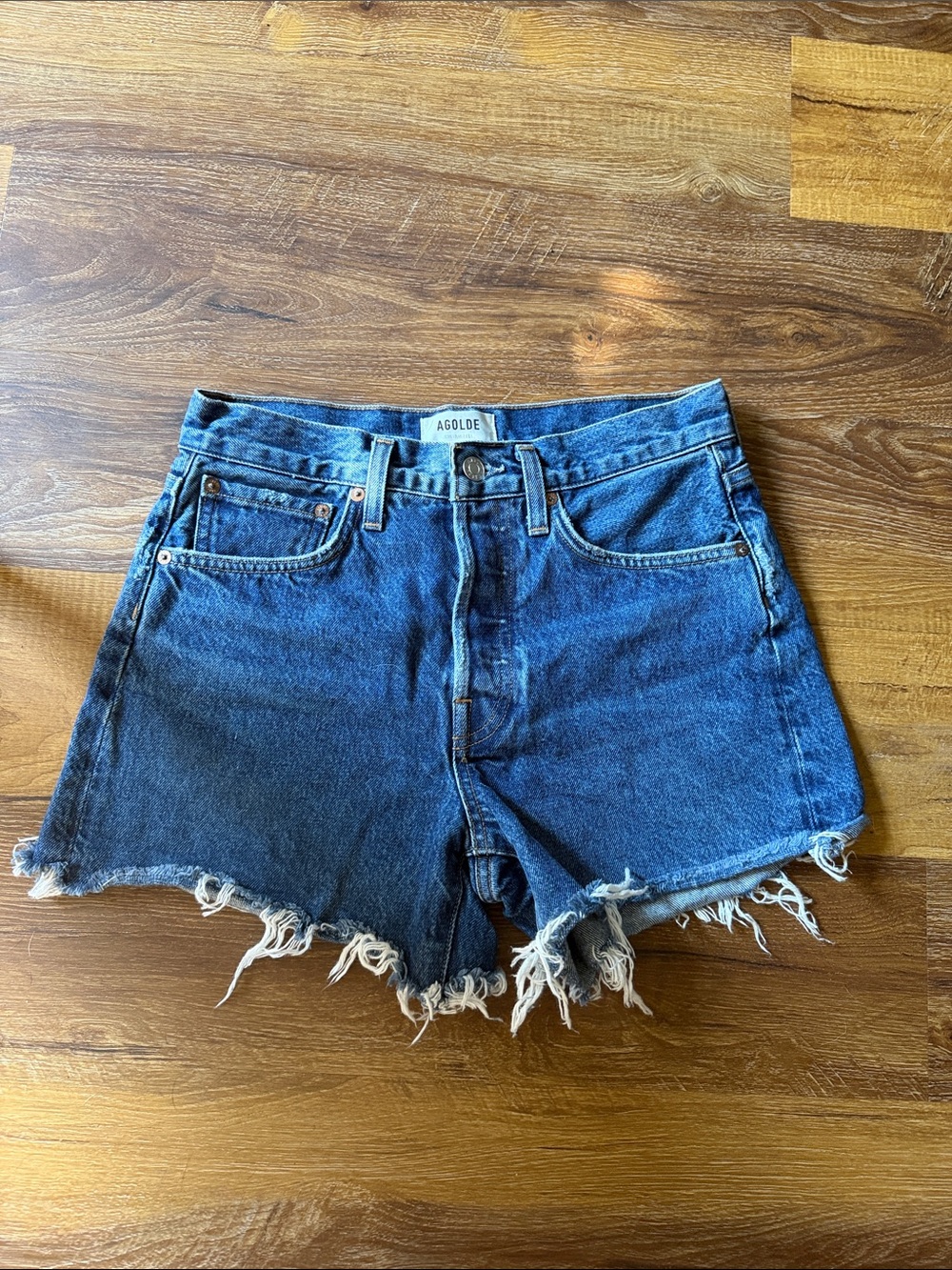 Agolde Raw-Hem High-Rise Denim Shorts in Dark Blue Wash